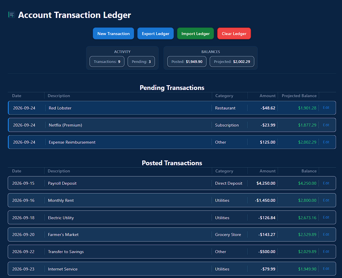 Account Transaction Ledger showing pending and posted transactions with posted and projected balances